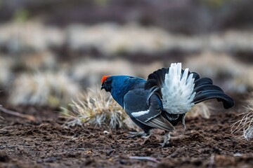 A black grouse displays its stunning white and black tail feathers on the ground. This captivating...