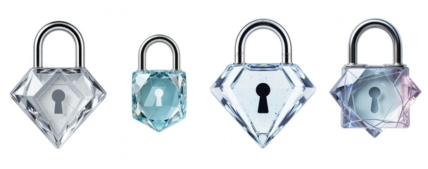Set of Crystal Diamond-Shaped Padlocks on Transparent Background
