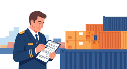 Shipping and logistics illustration. Professional worker inspecting cargo containers and freight documentation. Vector illustration.