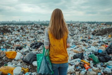 Modern woman standing on a landfill with shopping bags, symbolizing the conflict between consumerism and environmental pollution, promoting awareness of sustainable choices, Generative AI