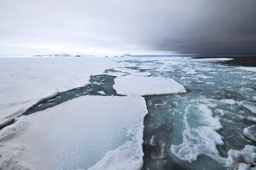 Floating ice on the ocean with mountains in the background in the arctic of Svalbard, Norway © Reto Ammann
