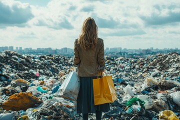Modern woman standing on a landfill with shopping bags, symbolizing the conflict between consumerism and environmental pollution, promoting awareness of sustainable choices, Generative AI