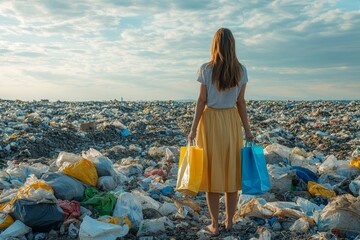 Modern woman standing on a landfill with shopping bags, symbolizing the conflict between consumerism and environmental pollution, promoting awareness of sustainable choices, Generative AI