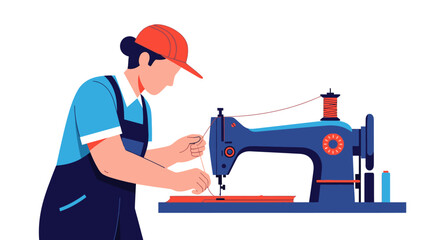 Tailoring concept illustration. Worker using sewing machine for garment production in workshop. Vector illustration.