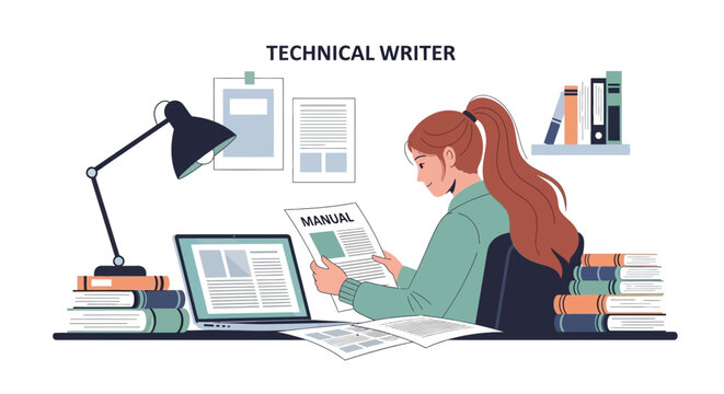 Technical writer workstation. Female editor working with documents, writing and editing manuals, surrounded by books and digital tools. Vector illustration.
