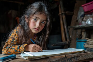 Young schoolgirl struggling with learning at home, doing homework while facing learning difficulties, reflecting the challenges some children face in remote education, Generative AI