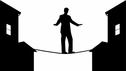 Silhouette of a man in a suit balancing on a tightrope between two buildings with windows in black and white