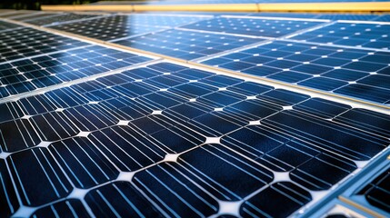 Residential solar system macro shot photovoltaic cells individual grid lines glass texture metallic strips anti-reflective blue tint natural lighting