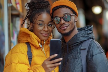 Young couple recording a video with a smartphone outdoors on the street, capturing a fun and spontaneous moment for social media, reflecting the trend of creating online content, Generative AI