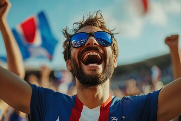 French football fans celebrating their team's victory at a stadium, showcasing the excitement and joy of sports culture, Generative AI