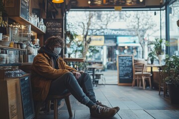 Frustrated small business owner sitting on the floor of a closed caf during a coronavirus lockdown, capturing the challenges faced by small businesses during the pandemic, Generative AI