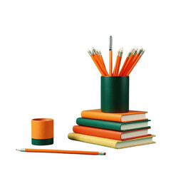 Obraz premium Stack of books and pencils in an orange and green arrangement.