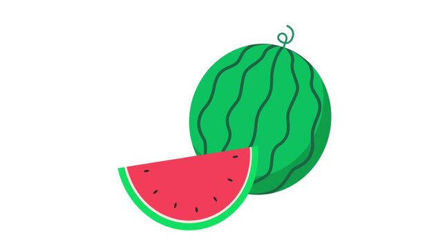 animation of green watermelon and sliced watermelon with red flesh