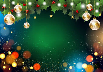 クリスマス背景、横、緑、柊、イルミネーション、かわいい、イラスト