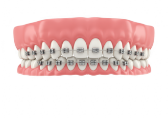 A closeup view of human teeth with metal braces, isolated on a transparent background
