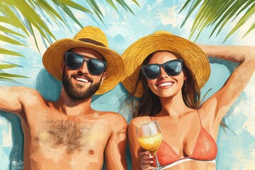 Illustration of a young couple enjoying their summer holiday at a resort, created with technology, reflecting the joy of travel and relaxation, Generative AI