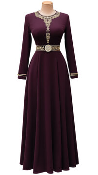 Elegant Long Sleeve Dress with Intricate Embroidery and Belt in Deep Burgundy Color for Formal Occasions