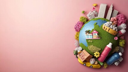 Obraz premium Earth and Plastic Pollution Environmental Concept, Urban and Nature Coexistence for Sustainability, Environmental Protection, Education, Public Service, Creative Design