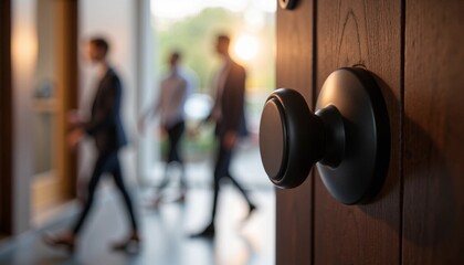 Open dark wooden door with black doorknob reveals blurred business people walking in a bright office, symbolizing opportunity and new beginnings.