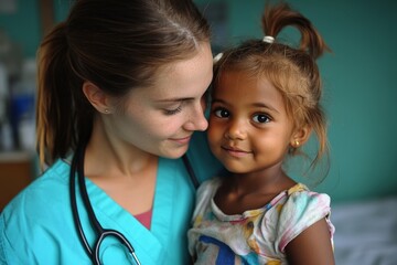 Young doctor providing care to a young girl in a hospital room, symbolizing the compassionate nature of healthcare for children, Generative AI