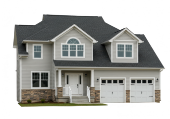 A modern twostory suburban home with gray siding and stone accents, featuring a twocar garage, isolated on a transparent background