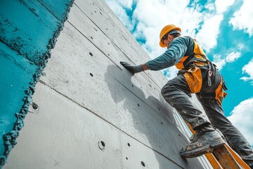 Construction worker standing on a ladder and working on a wall, engaging in construction activities that showcase the manual labor and expertise required in the field, Generative AI