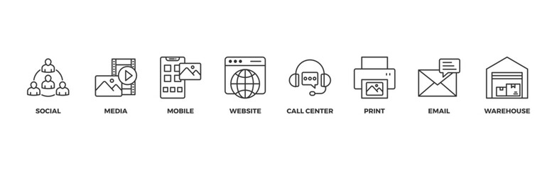Omnichannel banner web icon vector illustration concept with icon of social, media, mobile, website, call center, print, email, and warehouse
