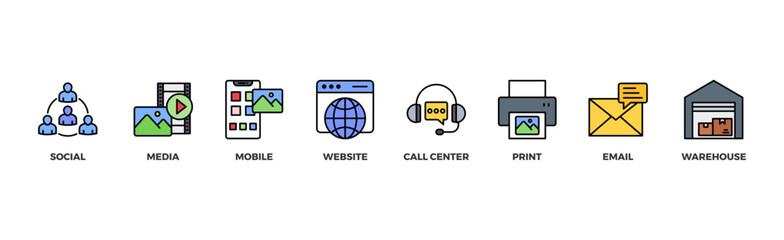 Omnichannel banner web icon vector illustration concept with icon of social, media, mobile, website, call center, print, email, and warehouse