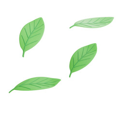 Four floating green 3D leaves on white background, symbolizing freshness, eco-friendly nature, and organic design for visual, product, or editorial use.