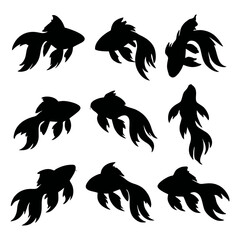 Nine elegant black silhouettes of goldfish in various swimming positions.