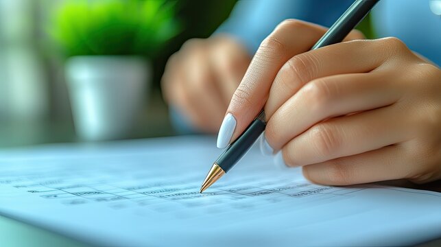 Woman's hand using a pen to fill out a form in a bright and modern office setting