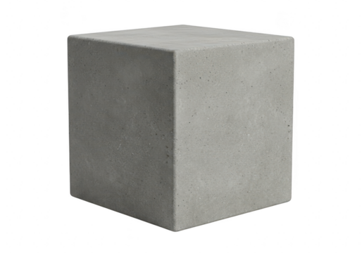 A solid gray concrete cube with a textured surface isolated on a transparent background