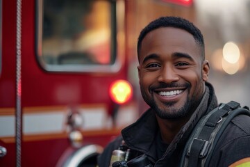 Happy young African-American firefighter man smiling in front of a fire truck, symbolizing the bravery and dedication of first responders, Generative AI