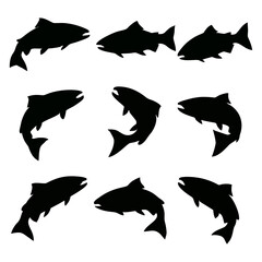 Nine stylized salmon silhouettes in various leaping positions, showcasing dynamic aquatic movement.
