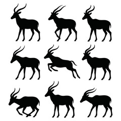 A collection of nine antelope silhouettes in various poses, including standing, walking, and leaping.