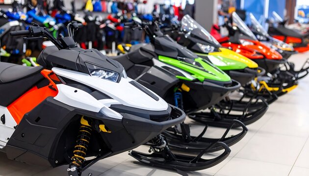 Selection of modern snowmobiles displayed in a showroom or retail store