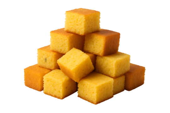 Golden baked cubes stacked in a pyramid sweet treat dessert food snack bakery pastry