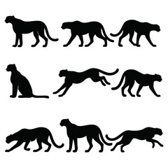Black silhouettes of cheetahs in various poses, showcasing different actions like running and sitting. © babacangstudios