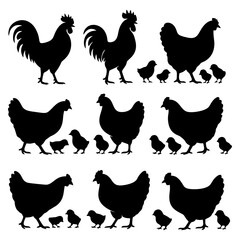 Black and white silhouettes of roosters and hens with chicks, arranged in a grid pattern.