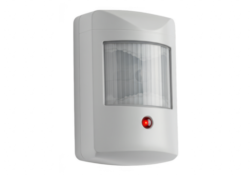 A white motion sensor with a red indicator light, isolated on a transparent background