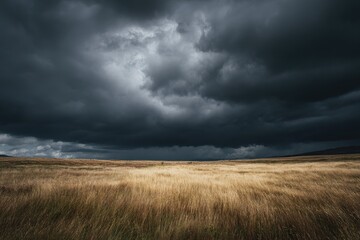 Dark storm clouds over a vast, golden field
