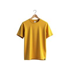 A mustard yellow t-shirt hangs on a wooden hanger.