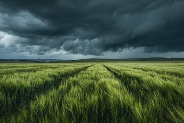 Stormy clouds loom over a vast, verdant field
