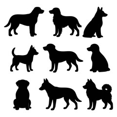 Collection of nine dog breed silhouettes, various poses, black on white background.