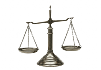 An antique brass balance scale, symbolizing justice and fairness, stands isolated on a transparent background