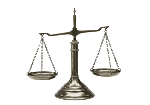 An antique brass balance scale, symbolizing justice and fairness, stands isolated on a transparent background