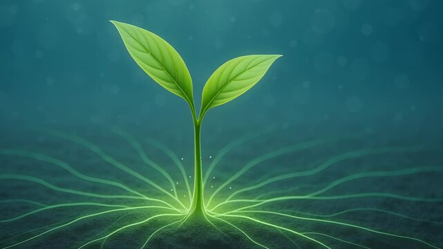 Climate data visualization. Single green sprout with two leaves growing from ground with glowing roots spreading out symbolizing growth vitality and life