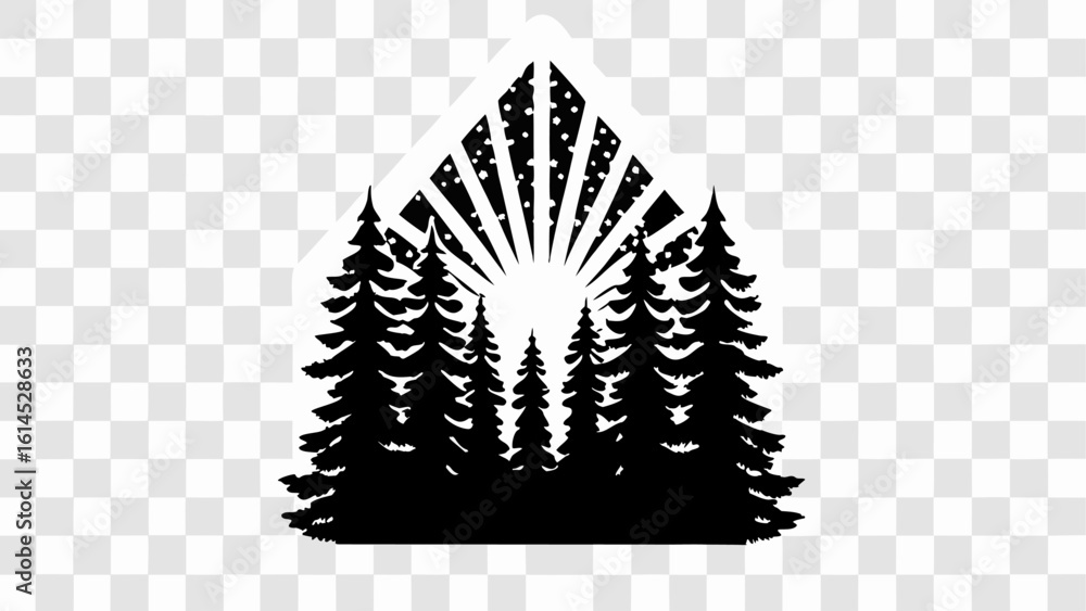 Poster silhouette of pine trees with radiating light and snow in a mountain shaped frame design element