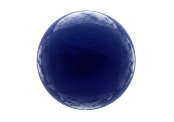 A luminous, dark blue glass sphere with intricate reflective patterns floats against a stark transparent background