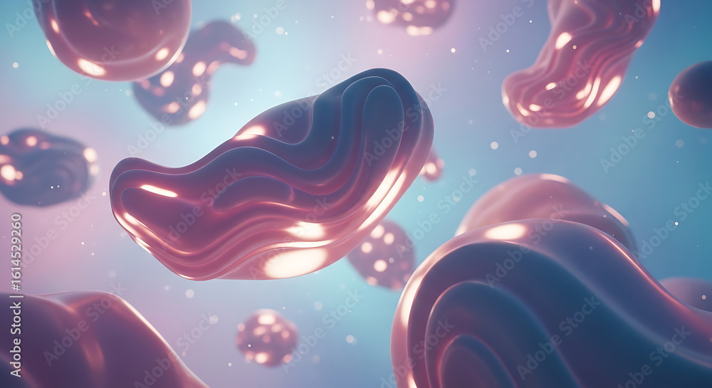 Poster abstract rendering of floating organic shapes with light reflections and a blue and pink background